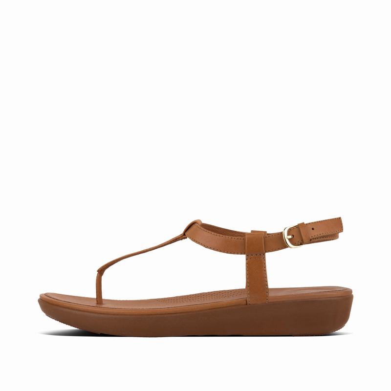 FitFlop Tia Leder T-Bar Tiefes Braun - FitFlop Backstrap Sandalen Damen Sale [SCGW-80351]